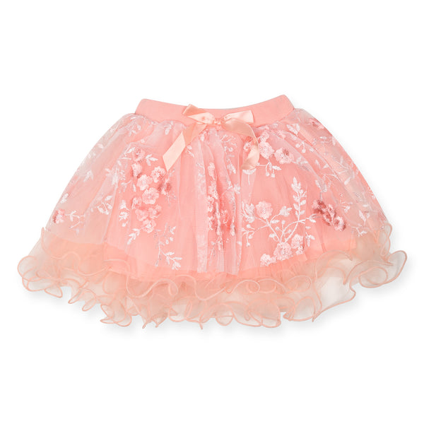 Girl Pink Flower Embroidery Fancy Skirt