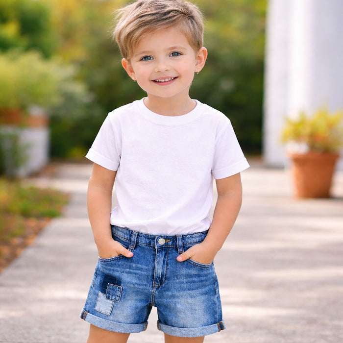 OM Boy Denim Blue Square Dasign Patch Short