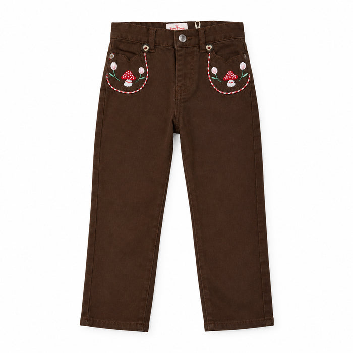 Girl Brown Red Flower Embroidery Pant