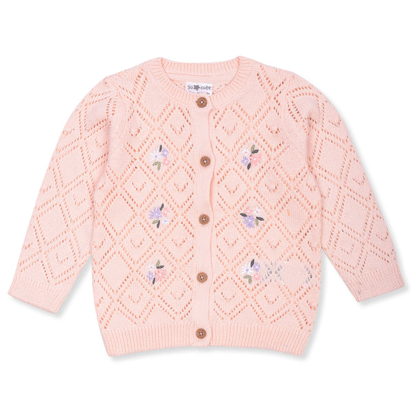 S CUTE Girl Peach Multi Flower Embroidery Cardigan